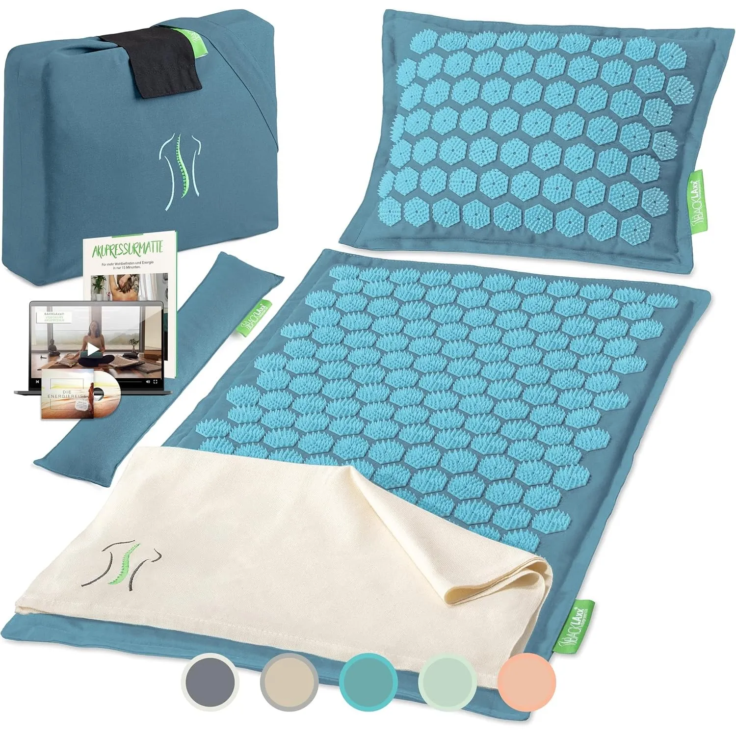 BACKLAXX® Akupressurmatte Set mit Kissen, Akkupressmatte für den Rücken