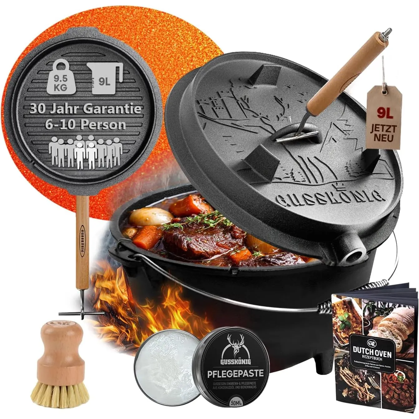 GUSSKÖNIG Dutch Oven Set - Eingebrannter Dutch Oven 9 Liter [6-10 Person]-Feuertopf Gusseisen mit Füßen-Schmortopf Dopp…
