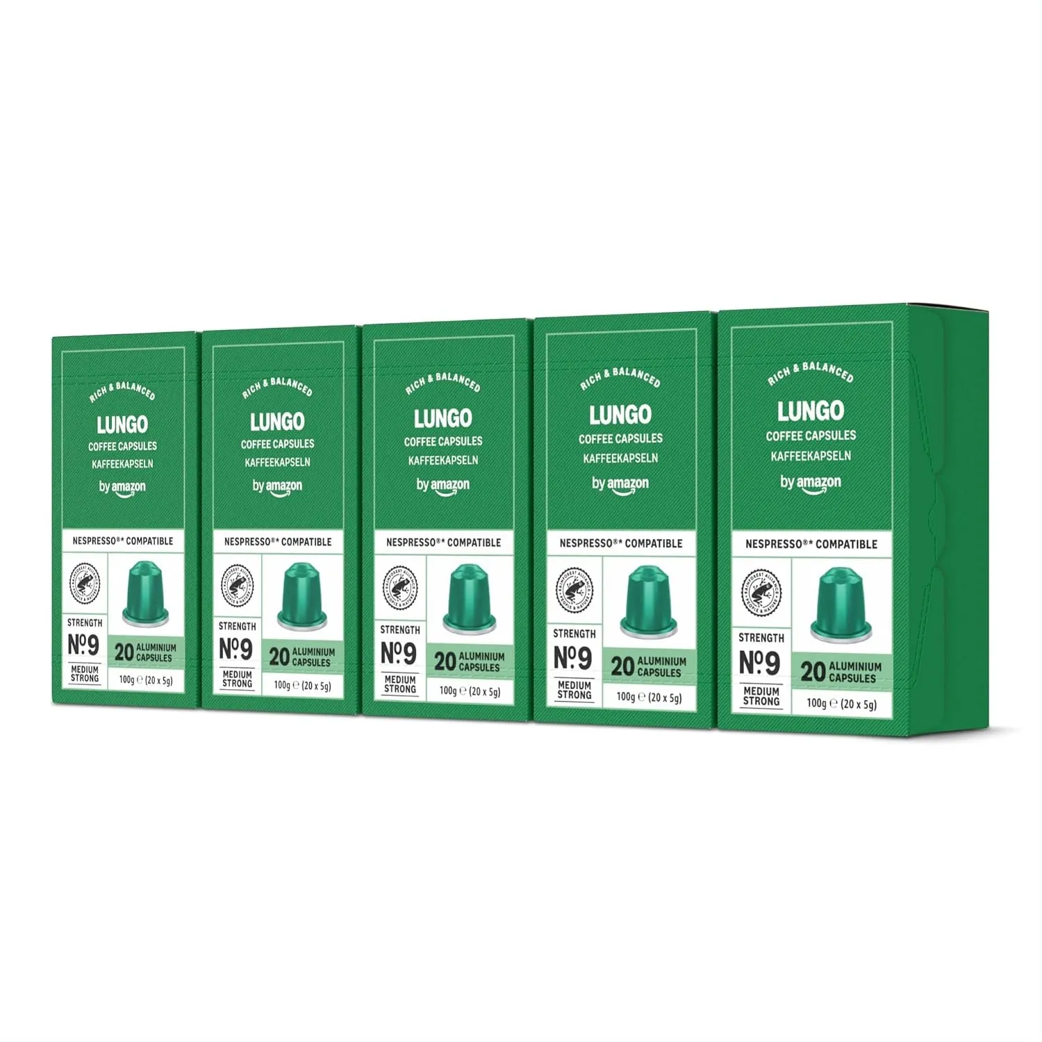 by Amazon Lungo Aluminium-Kaffeekapseln, kompatibel mit Nespresso, mittelgeröstet, 100 Stück (5 Packungen mit je 20 Stü…