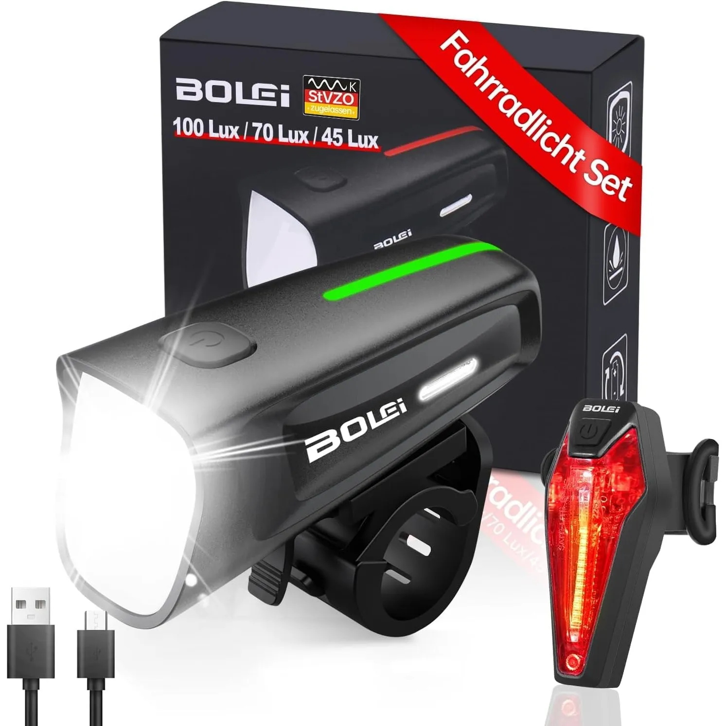 BOLEi Fahrradlicht Set 100 LUX,StVZO Zugelassen, USB,IPX5 Wasserdicht
