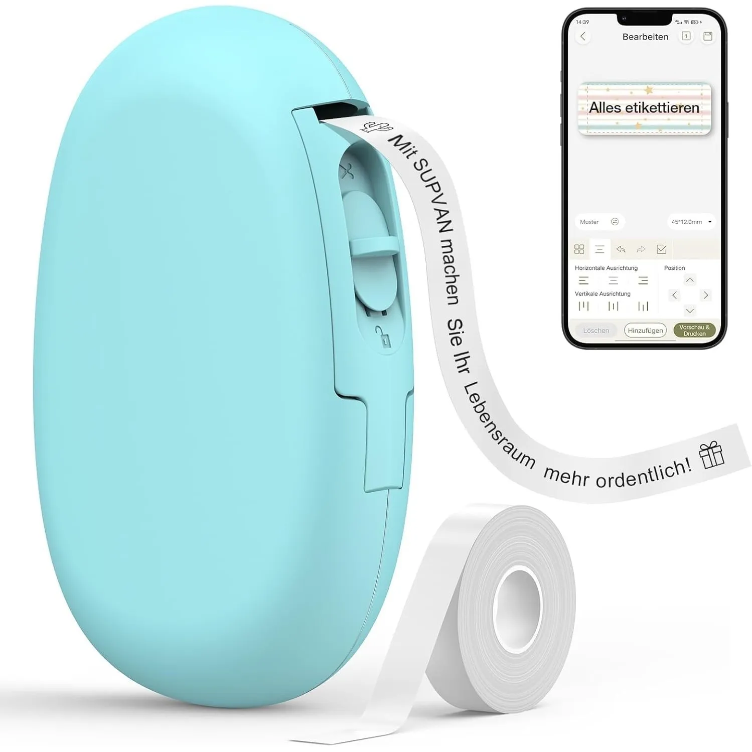 SUPVAN E10 Etikettendrucker mit Bluetooth und Endlosetiketten, azurblau
