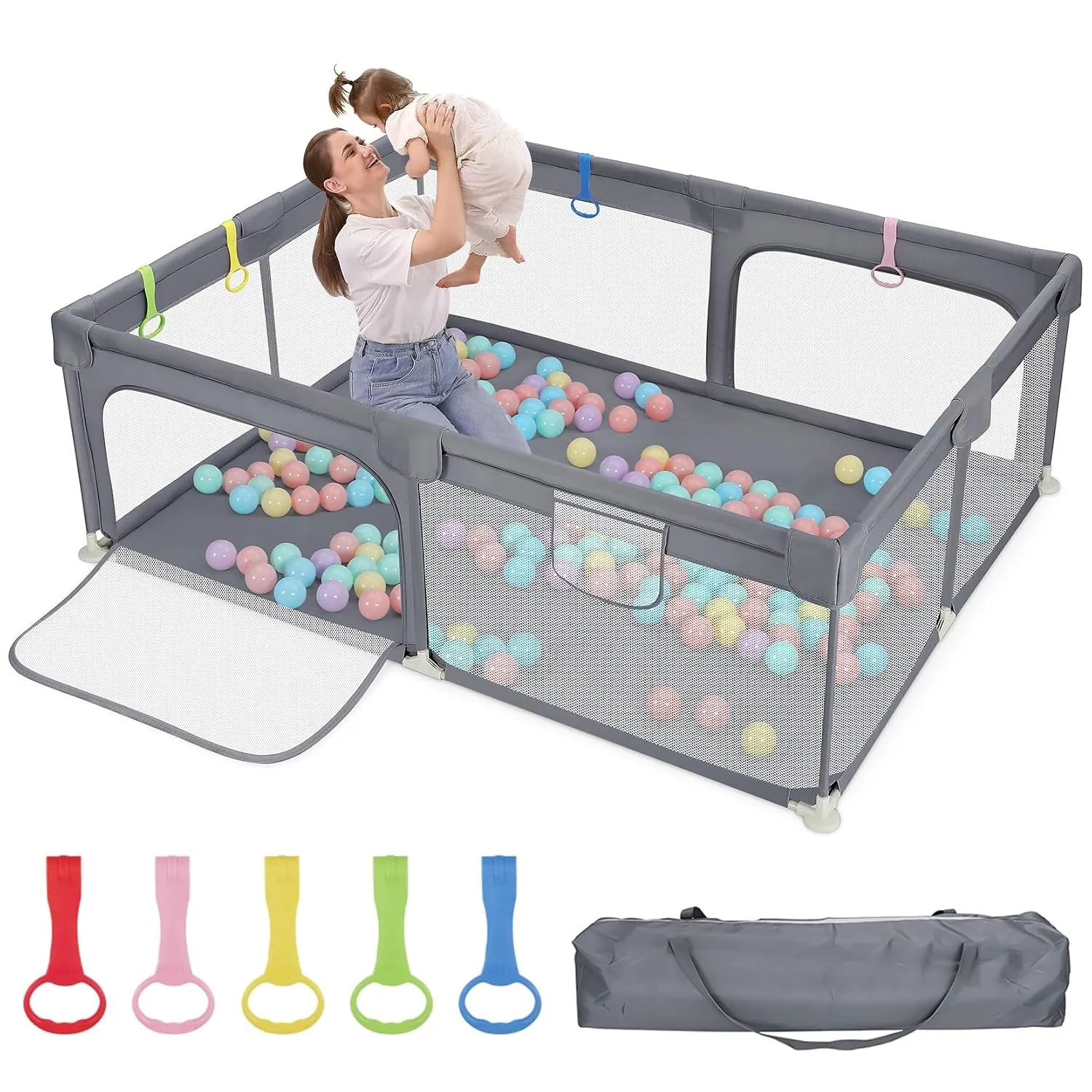 Dripex Laufstall Baby, Laufgitter 150×180cm, atmungsaktiv, Hellgrau