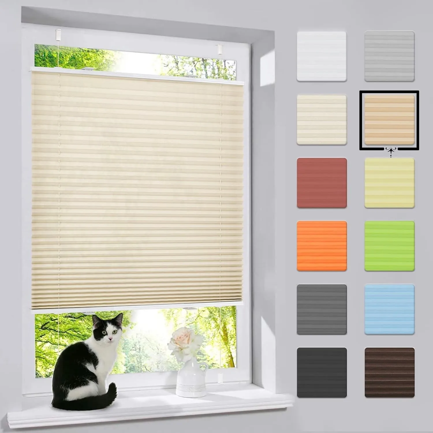 bobodeco Plissee ohne Bohren Klemmfix Faltrollo Jalousie Creme 95x130cm (BxH), Plisseerollo Sichtschutz und Sonnenschut…