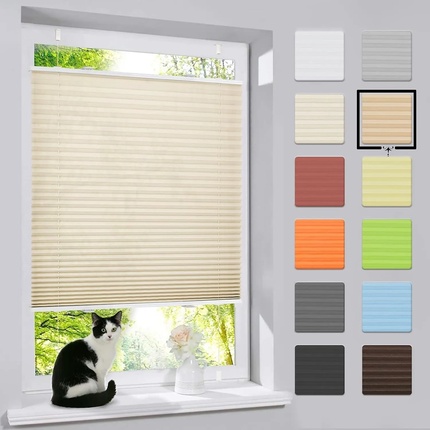 bobodeco Plissee ohne Bohren Klemmfix Faltrollo Jalousie Creme 75x180cm (BxH), Plisseerollo Sichtschutz und Sonnenschut…