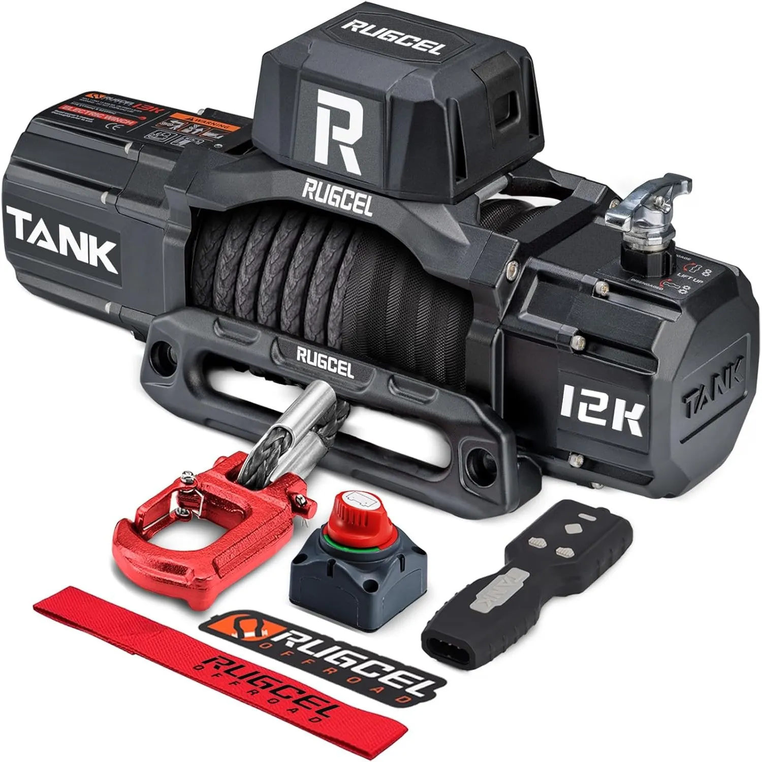 RUGCEL WINCH Elektrische Seilwinde 5443 kg (12000 lbs), 12V DC, IP67 Wasserdicht, Synthetikseil Schwarz, Hawse Fairlead…
