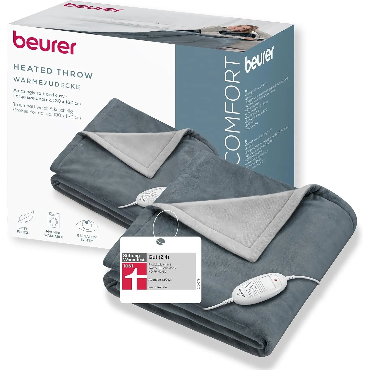 Beurer HD 75 Dark Grey Heizdecke, kuschelig weiche Wärmezudecke, 6 Temperaturstufen, maschinenwaschbar, mit Abschaltaut…