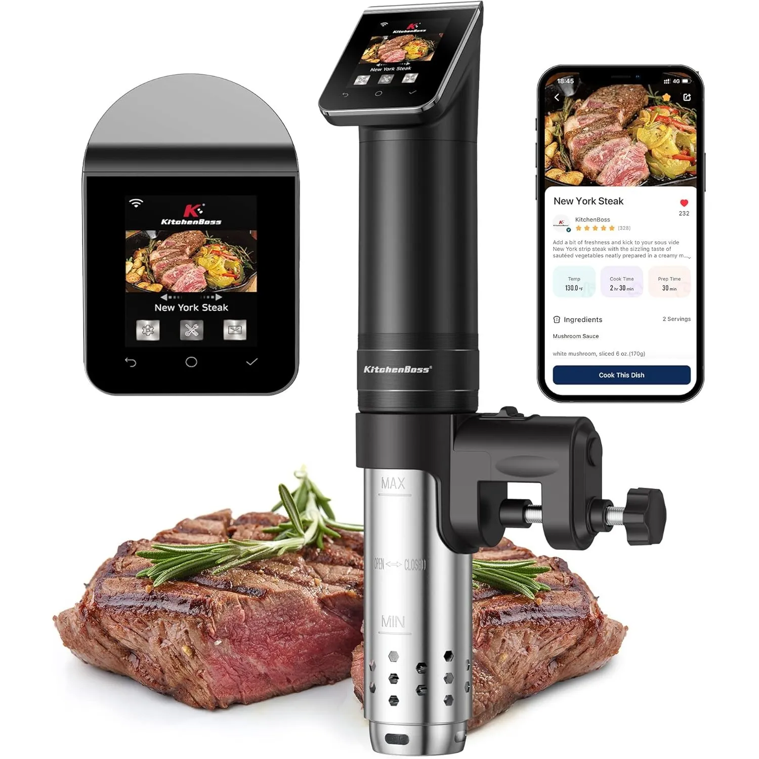 KitchenBoss Sous Vide Garer Stick WLAN: G330 Wifi Präzisionskocher Präziser Temperatureinstellung bis 90°C IPX7 Wasserd…