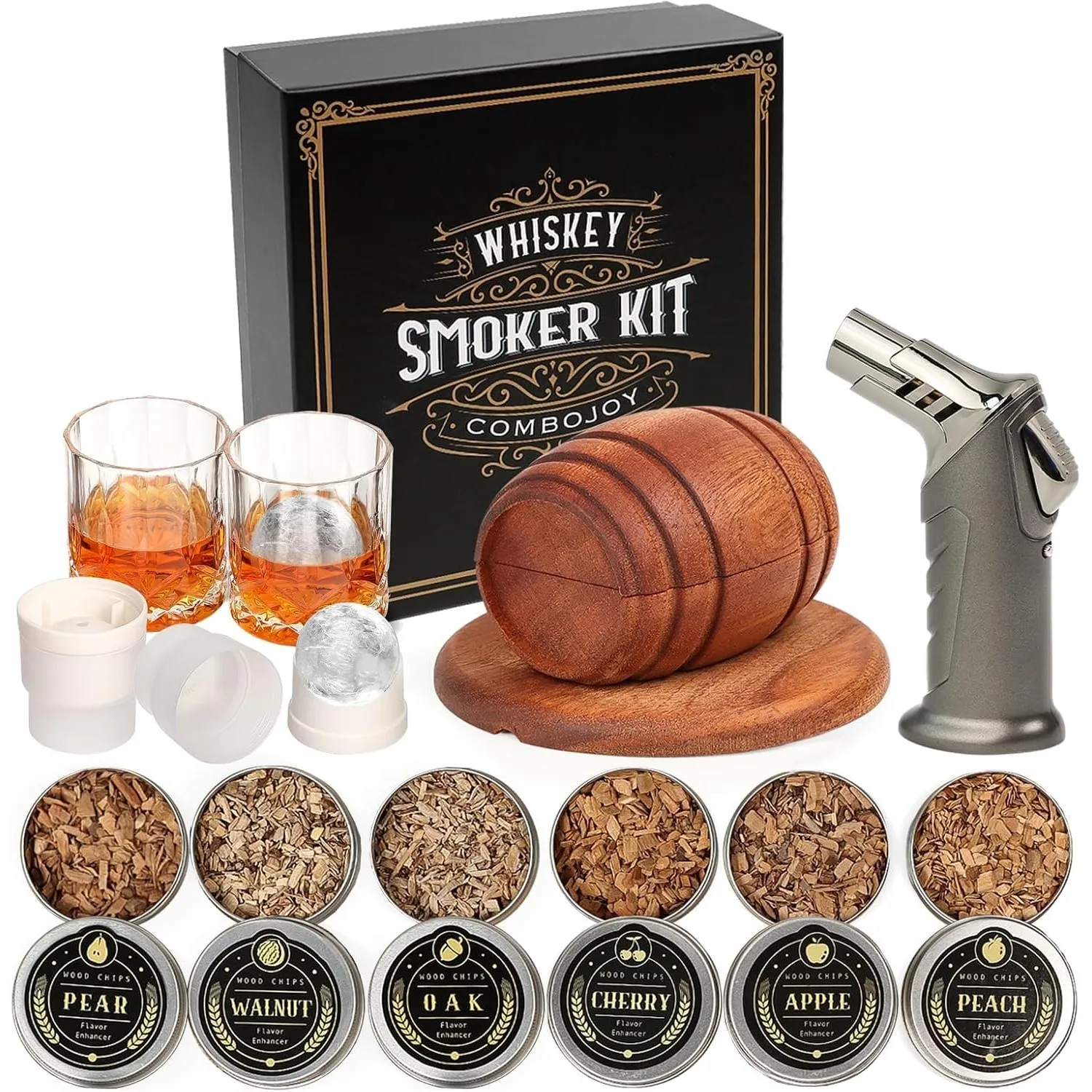 Whiskey Smoker Kit with Torch,6 Flavors Wood Chips, 2 Glasses, 2 Ice Ball Molds,Cocktail Smoker Infuser Kit, Old Fashio…