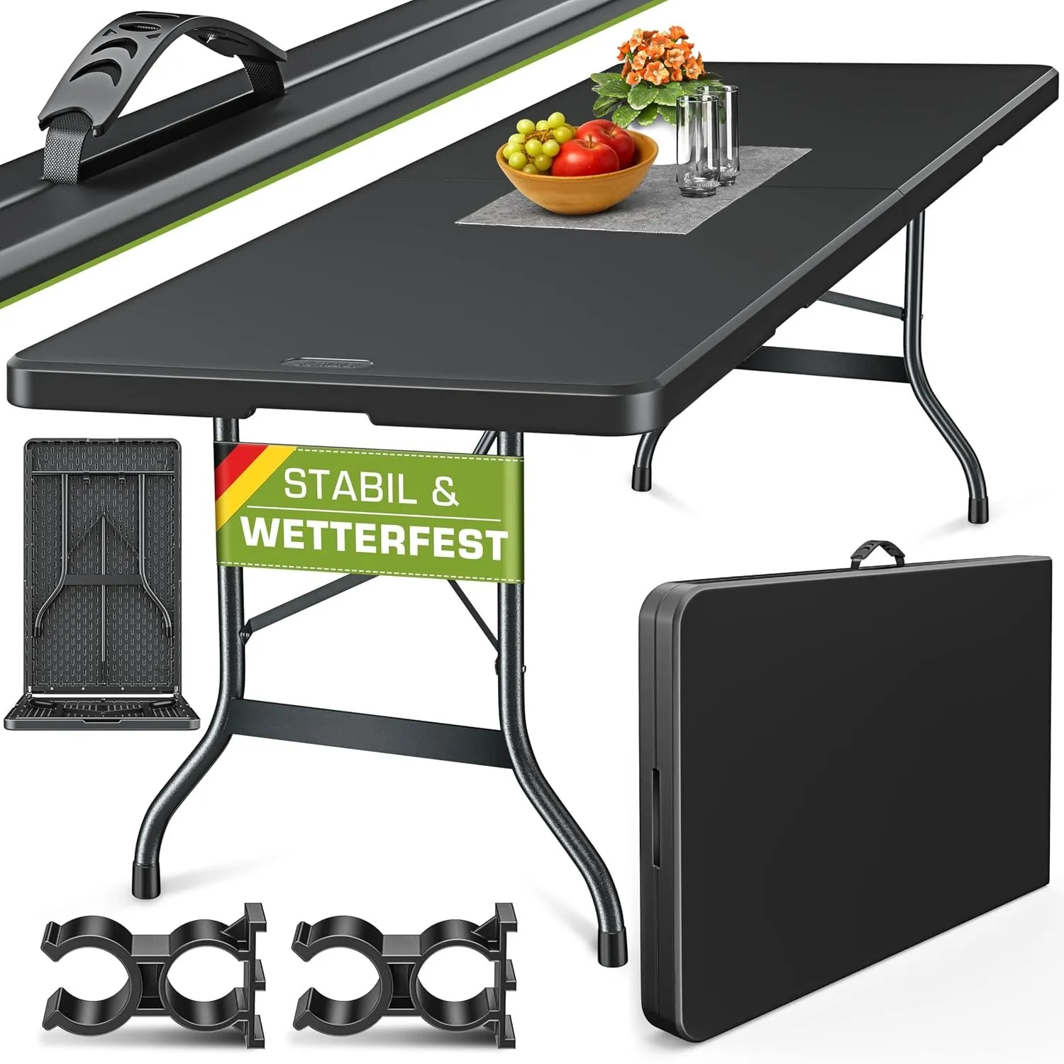 tillvex® Gartentisch klappbar Kunststoff 180x75cm Wetterfest + Tragegriff