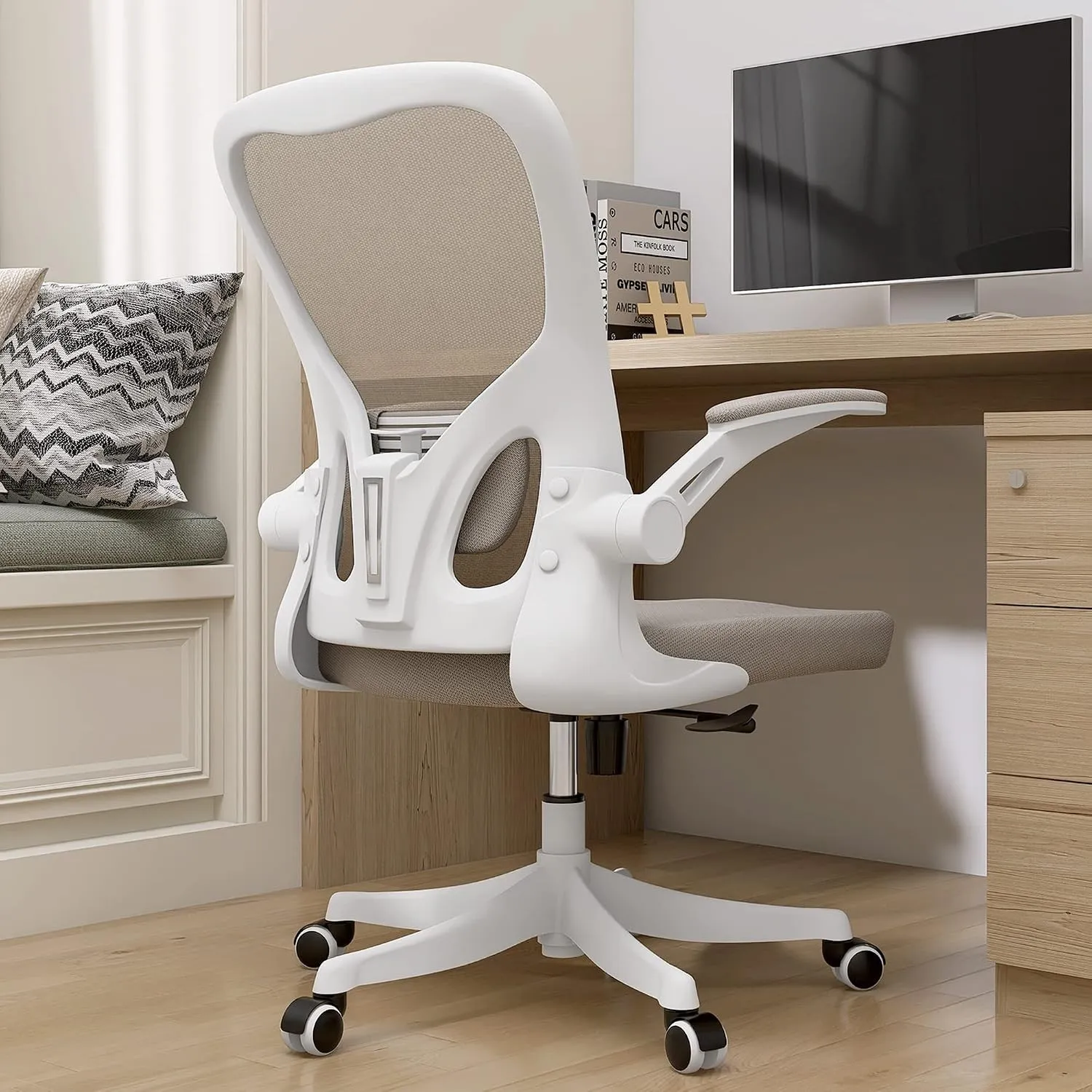 Ergonomischer Bürostuhl mit Verstellbare Lordosenstütze, Bequem, Weiß