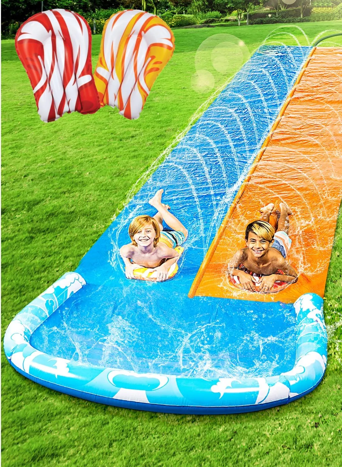 JOYIN 32.5 ft/990.6 cm Ultra Long Double Water Slide, Lawn Water Slide with Sprinkler and 2 Inflatable Boards for Child…