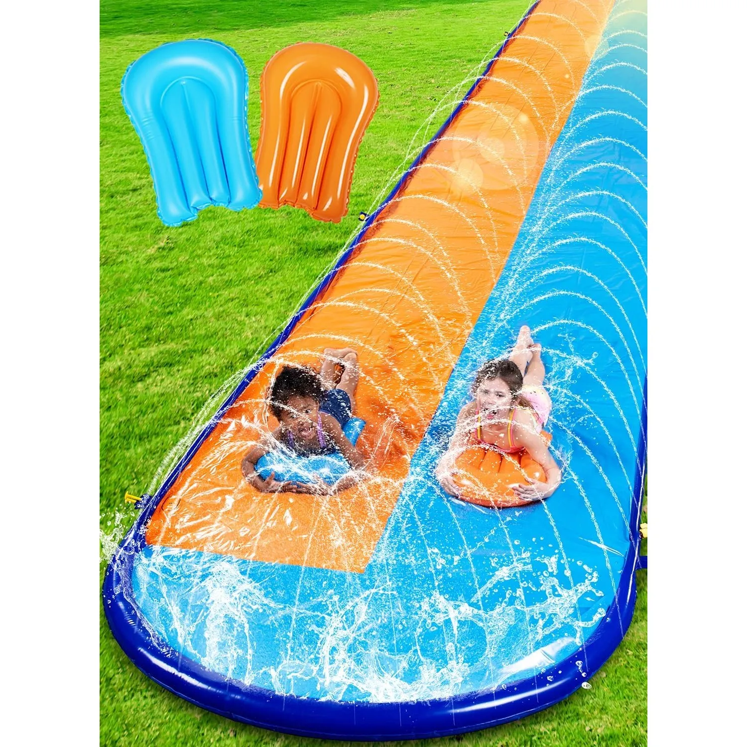 SLOOSH 22,5ft x 62in/685,8*157,5cm Doppelte Rasen-Wasserrutsche, robuste Wasserrutsche mit Sprinkler und 2 aufblasbaren…