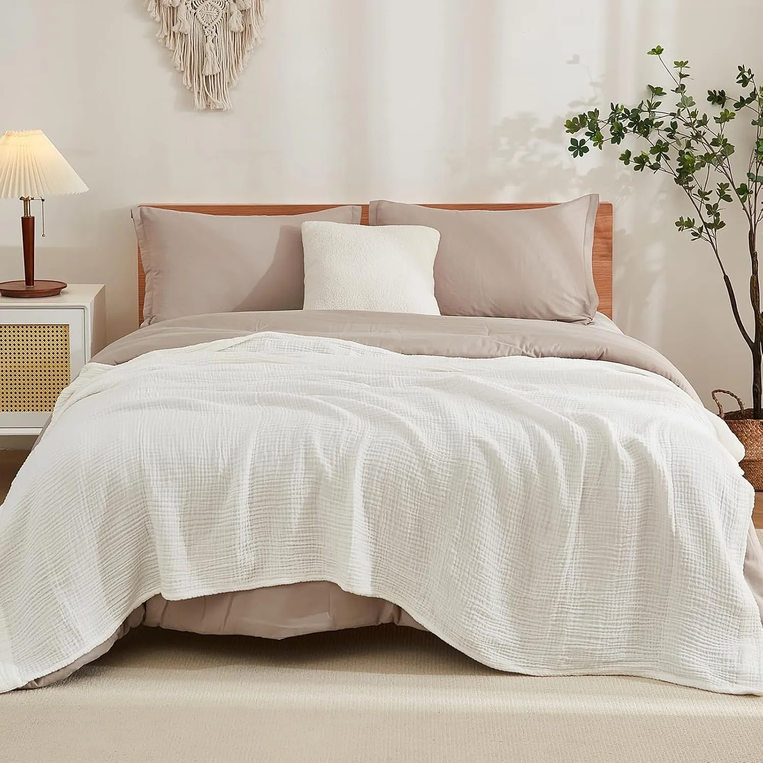 EMME Musselin-Decke 230x230 Baumwolle Oeko-TEX Erwachsene Tagesdecke,Weiß | Sommer-Überwurf Decken Für Bett Atmungsakti…