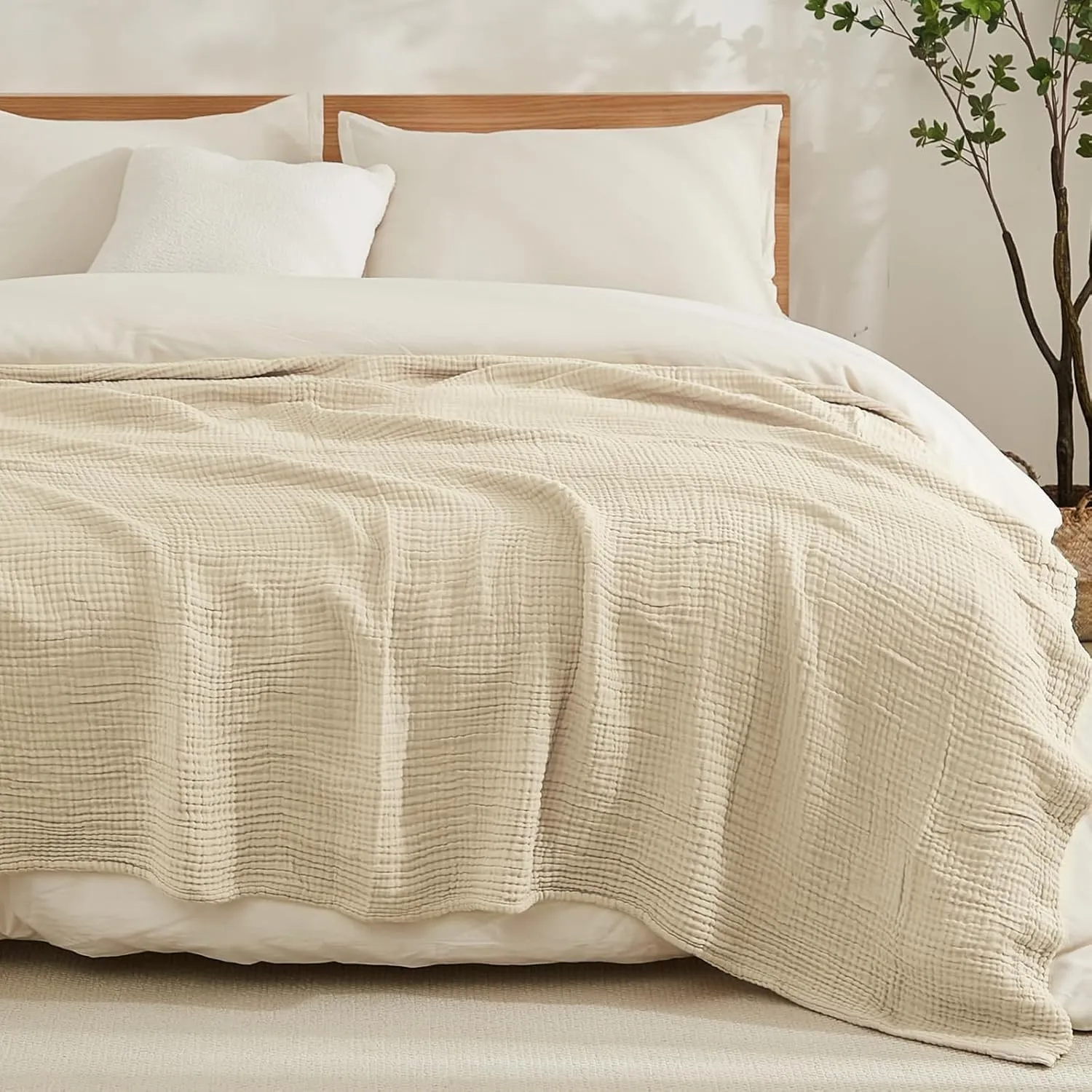 EMME Musselin-Decke 230x230 Baumwolle Oeko-TEX Erwachsene Tagesdecke,Beige | Sommer-Überwurf Decken Für Bett Atmungsakt…
