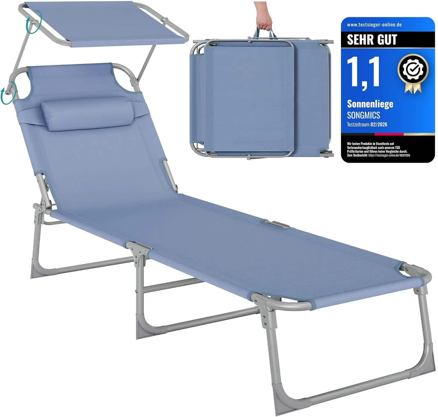 SONGMICS GCB192Q01 Sun Lounger, Folding Deck Chair, 193 x 53 x 29 cm, 150 kg Load Capacity, Sun Protection, Headrest, A…