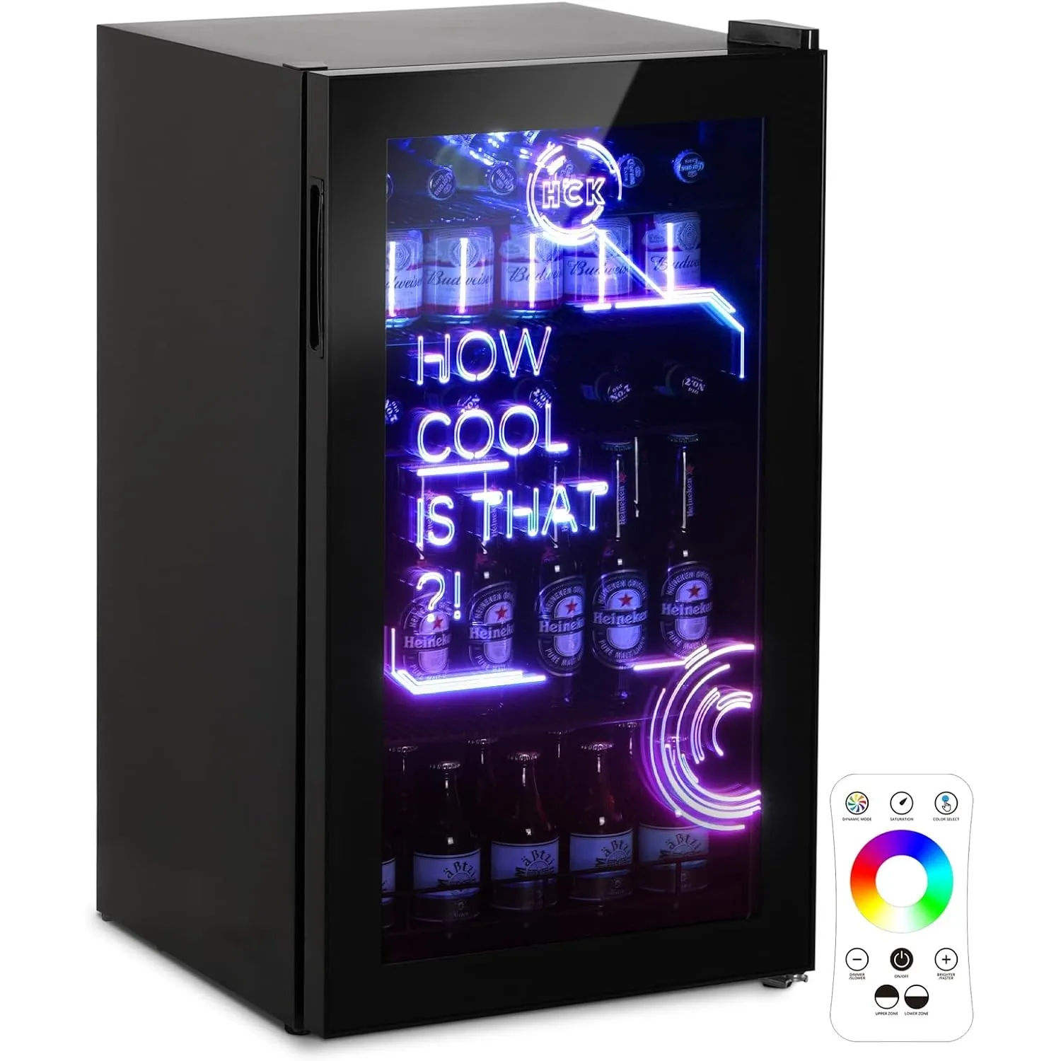 HCK 98L Getränkekühlschrank mit Cyberpunk RGB Beleuchtung, Minibar kleine Kühlschrank mit Glastür, lautlos 39dB, 0-15°C…