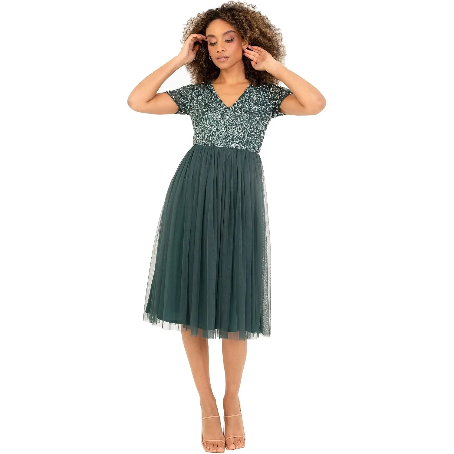 Maya Deluxe Abendkleid mit Pailletten - Cocktailkleid Damen mit V-Ausschnitt - Tüllkleid Damen mit Kurzen Ärmeln