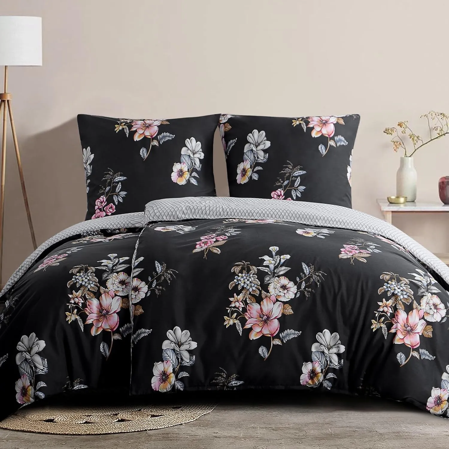 RUIKASI Bettwäsche 135x200 4teilig Schwarz - Bettbezüge 135 x 200 2er Set mit Blumen Muster, Bettwäsche-Sets 135x200cm …
