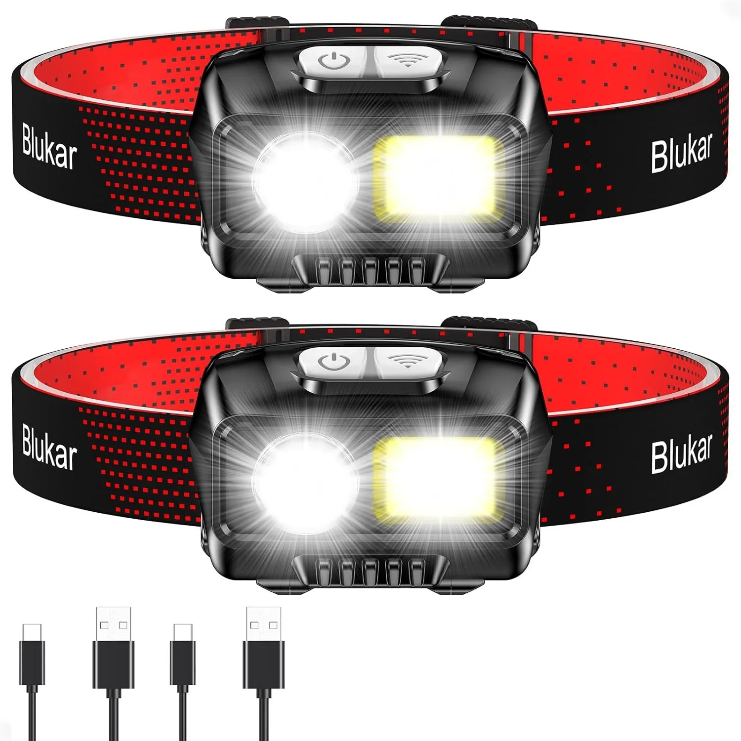 Blukar LED Stirnlampe Wiederaufladbar, 2000L Kopflampe mit Rotlicht,2 Stück