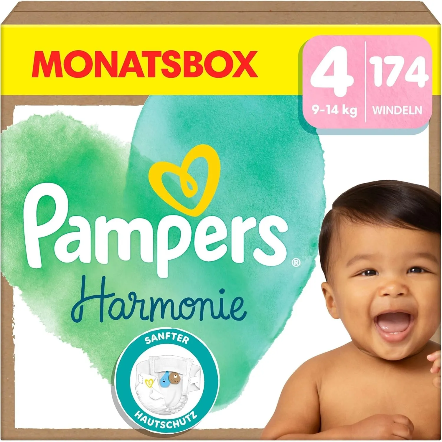 Pampers Harmonie Windeln Größe 4, 174 Windeln, 9kg-14kg, sanfter Hautschutz mit 100Prozent Pampers Schutz