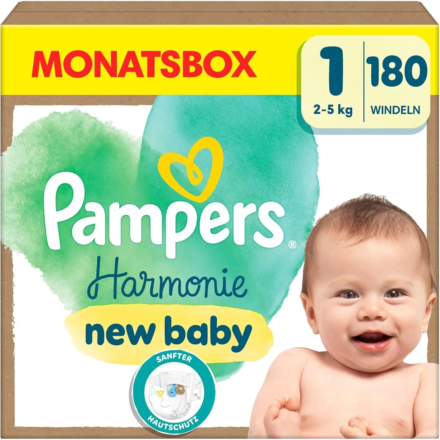 Pampers Harmonie Windeln Größe 1, 180 Windeln, 2kg-5kg, sanfter Hautschutz mit 100Prozent Pampers Schutz