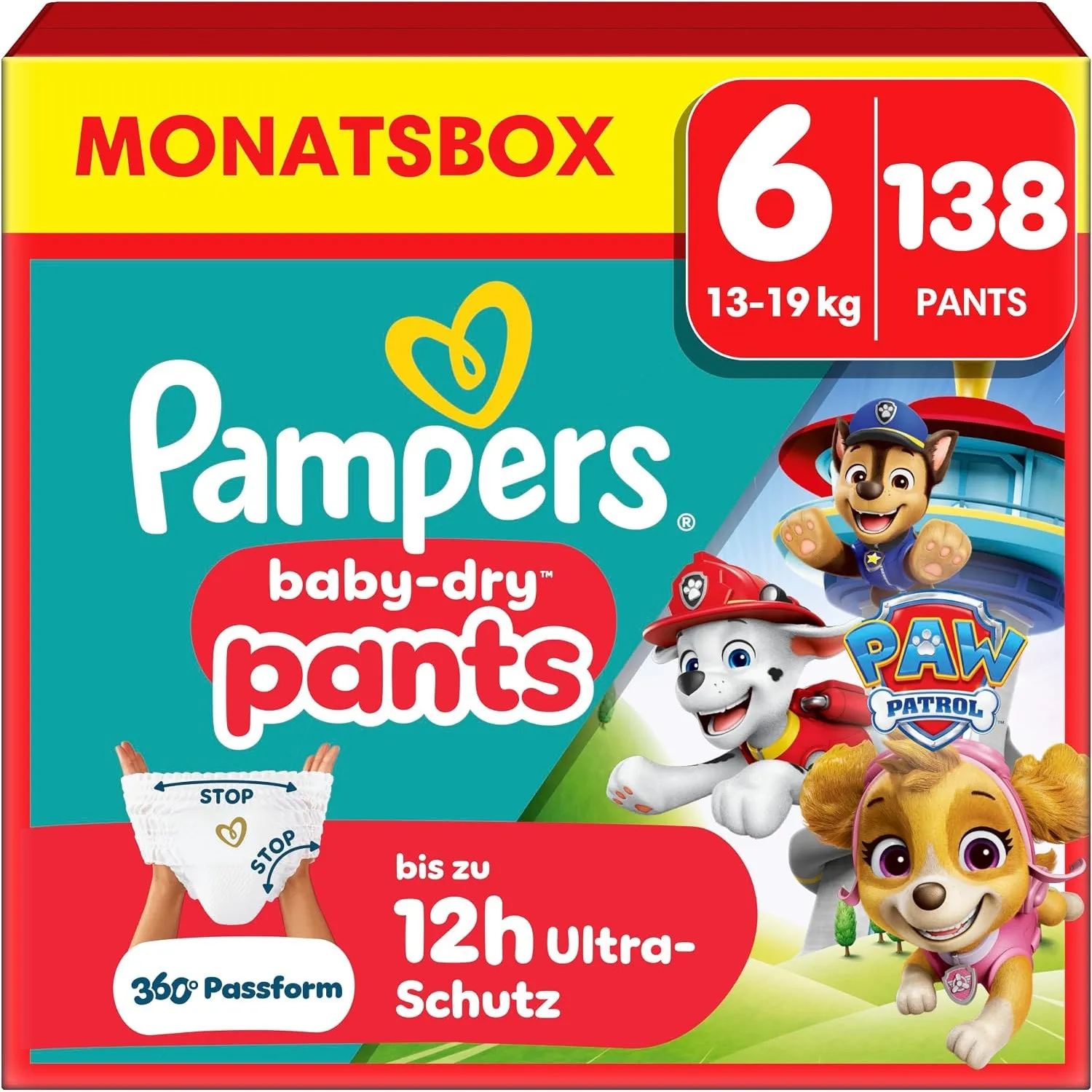 Pampers Baby-Dry Pants Paw Patrol Edition Größe 6, 138 Windeln, 13kg-19kg, 360° Passform hilft, Auslaufen zu verhindern