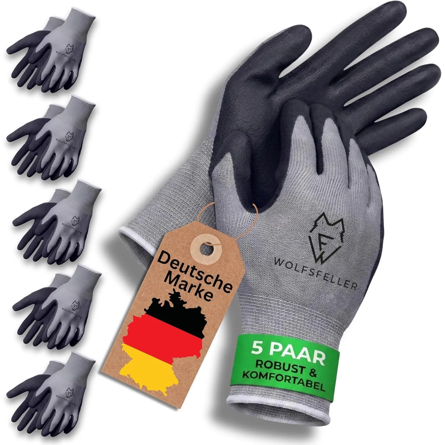 WOLFSFELLER Premium Arbeitshandschuhe Herren Gr 9 | 5 Paar Robuste & Komfortable Montage-Handschuhe Damen | Mit Langleb…