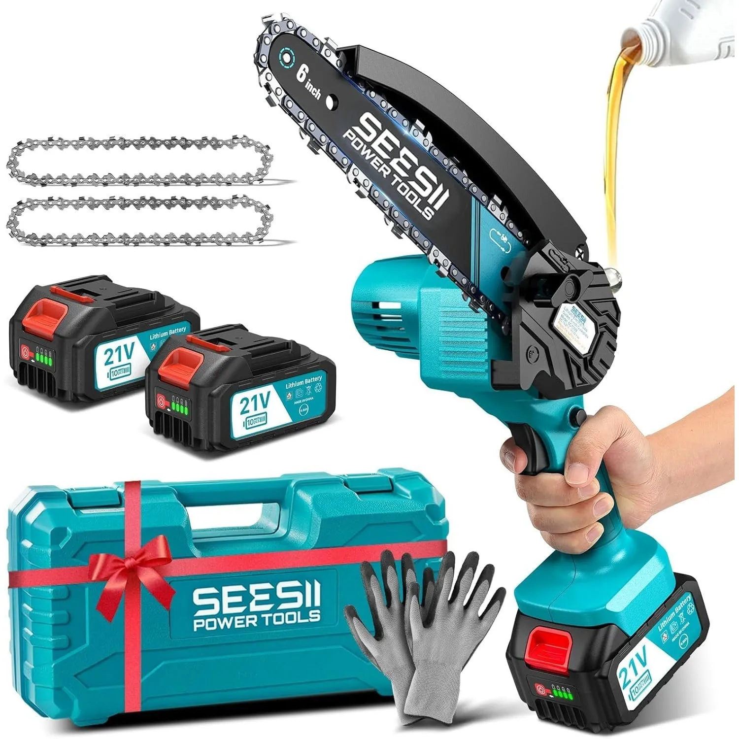 SEESII Mini Kettensäge mit Akku 8000mAh 6 Zoll, Akku Kettensäge mit Automatischer Öler und Ersatzkette, Handkettensäge …