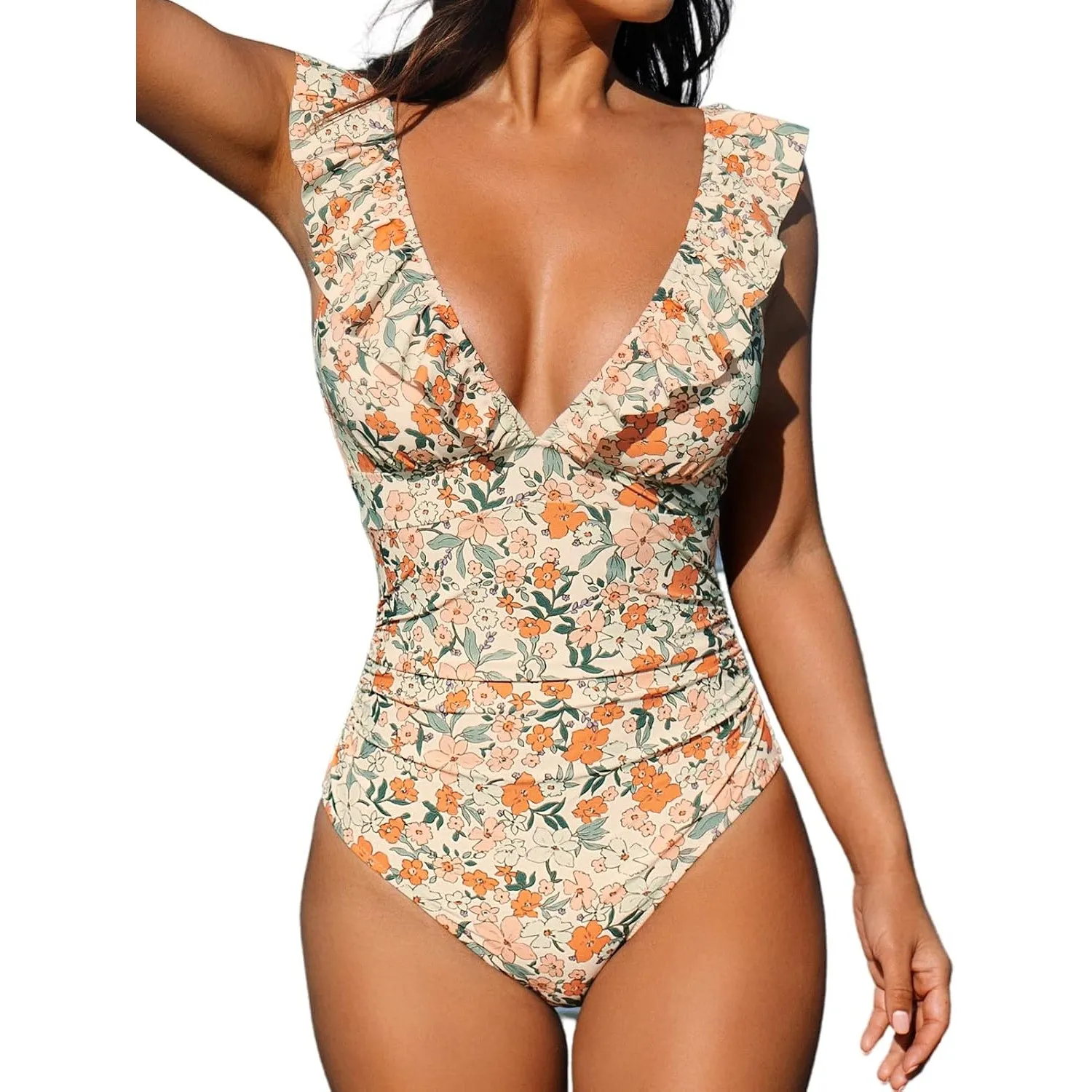 CUPSHE Badeanzug Damen V Ausschnitt Rüschen Monokini Bauchweg | Volants,Bauchweg Raffung,Bequeme Passform,Mittlere,Für …