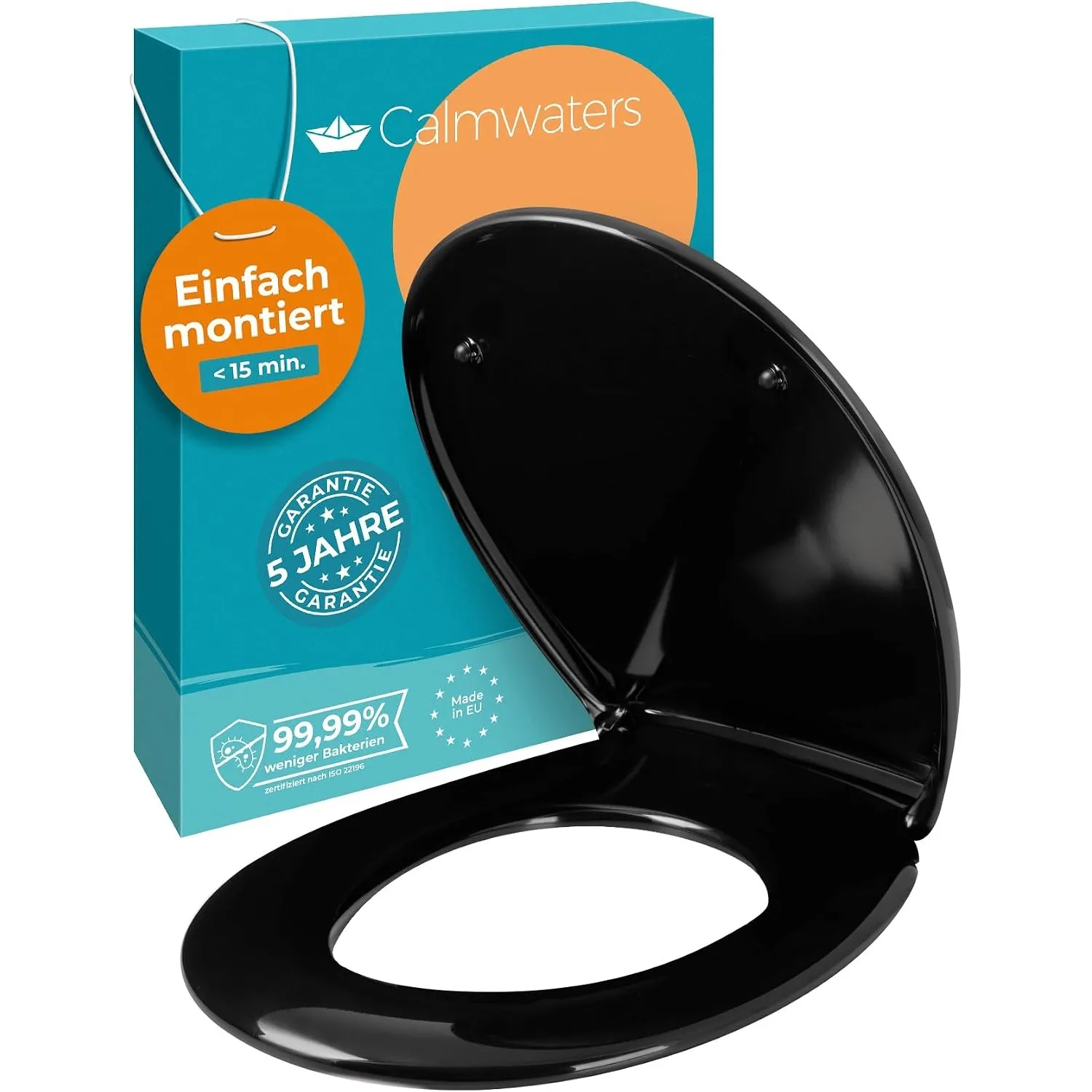Calmwaters® Premium Toilettendeckel Schwarz einfache Montage, WC Sitz bis 250 kg, Made in EU, antibakterieller Duroplas…