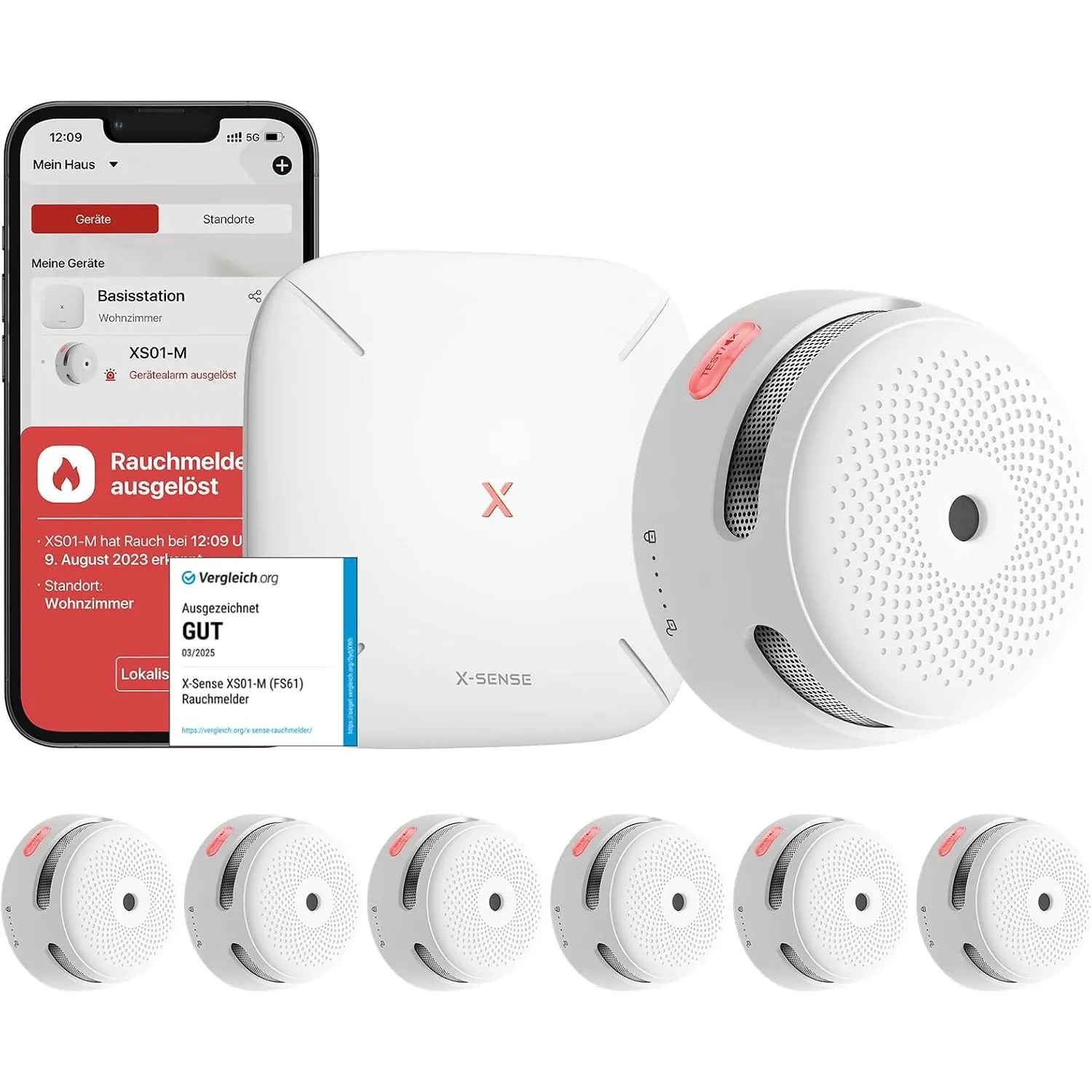 X-Sense Smart Rauchmelder XS01-M mit SBS50 Basisstation, Zertifiziert nach EN 14604, vernetzbare Funkrauchmelder mit WL…