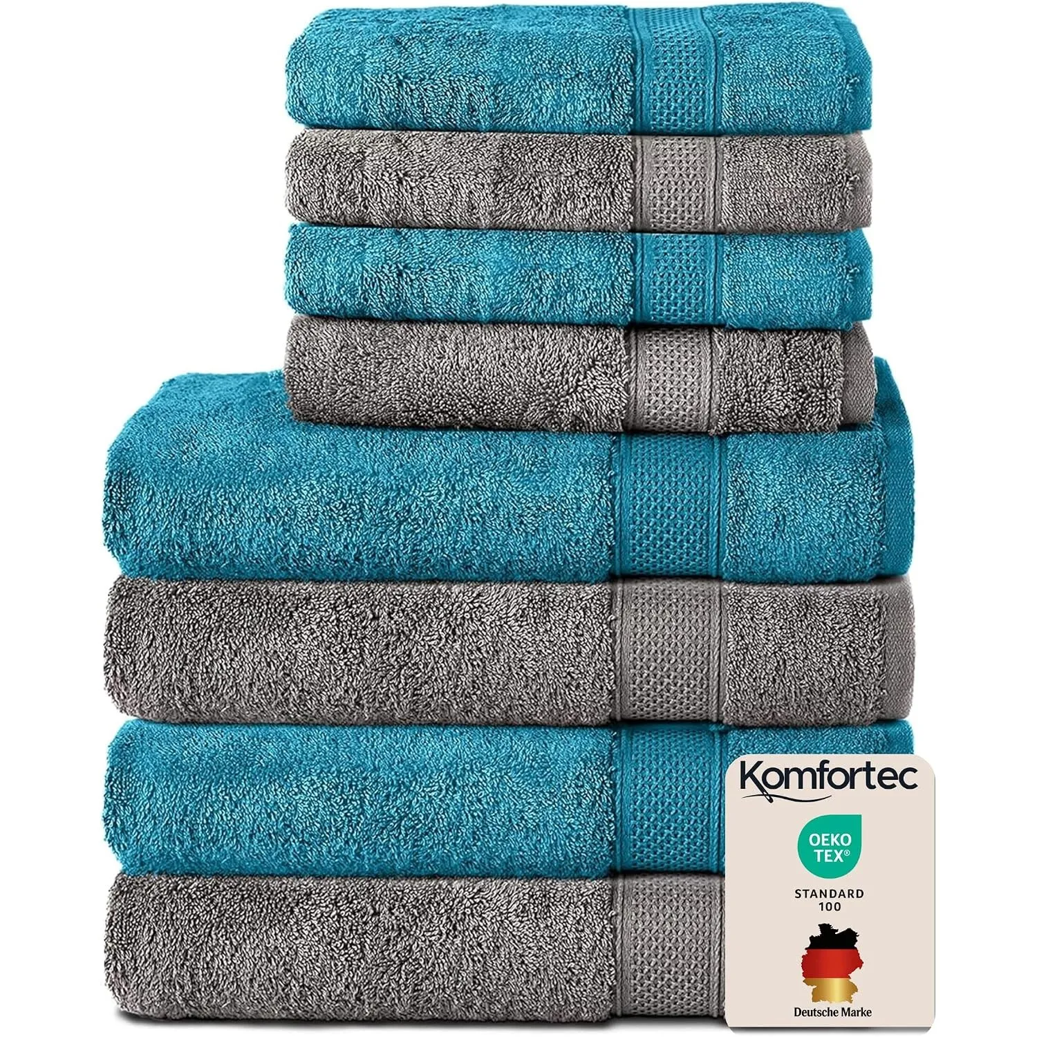 Komfortec Handtuch Set 8 Teilig aus 100% Baumwolle, Anthrazit/Türkis