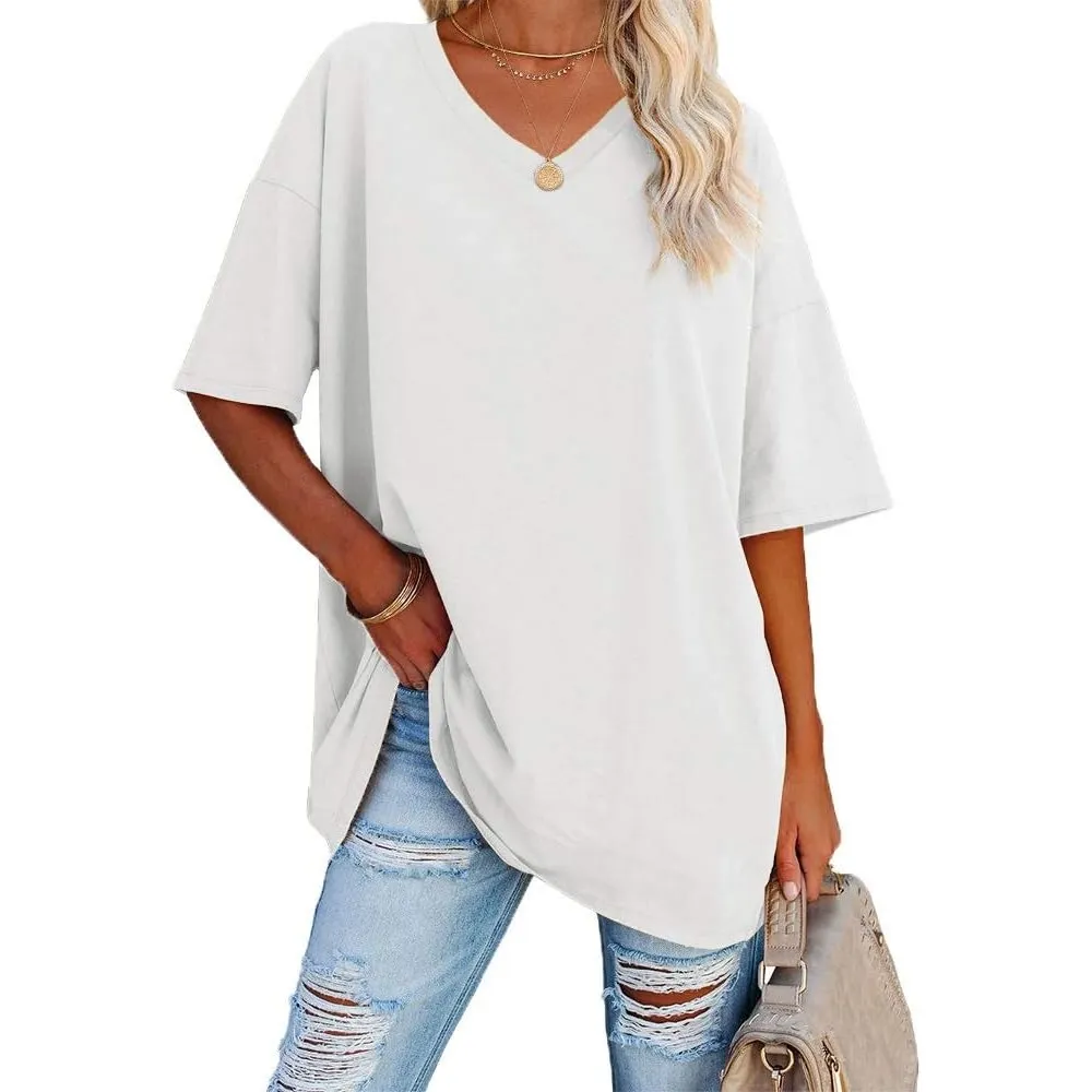 Ebifin Damen Oversize T Shirt mit V-Ausschnitt Kurzärmeliges Casual Lockere Basic Sommer Tee Shirts Bluse.