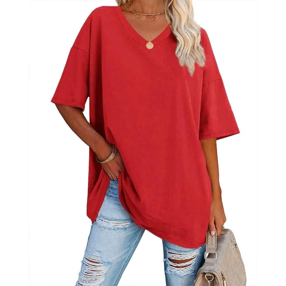 Ebifin Damen Oversize T Shirt mit V-Ausschnitt Kurzärmeliges Casual Lockere Basic Sommer Tee Shirts Bluse.