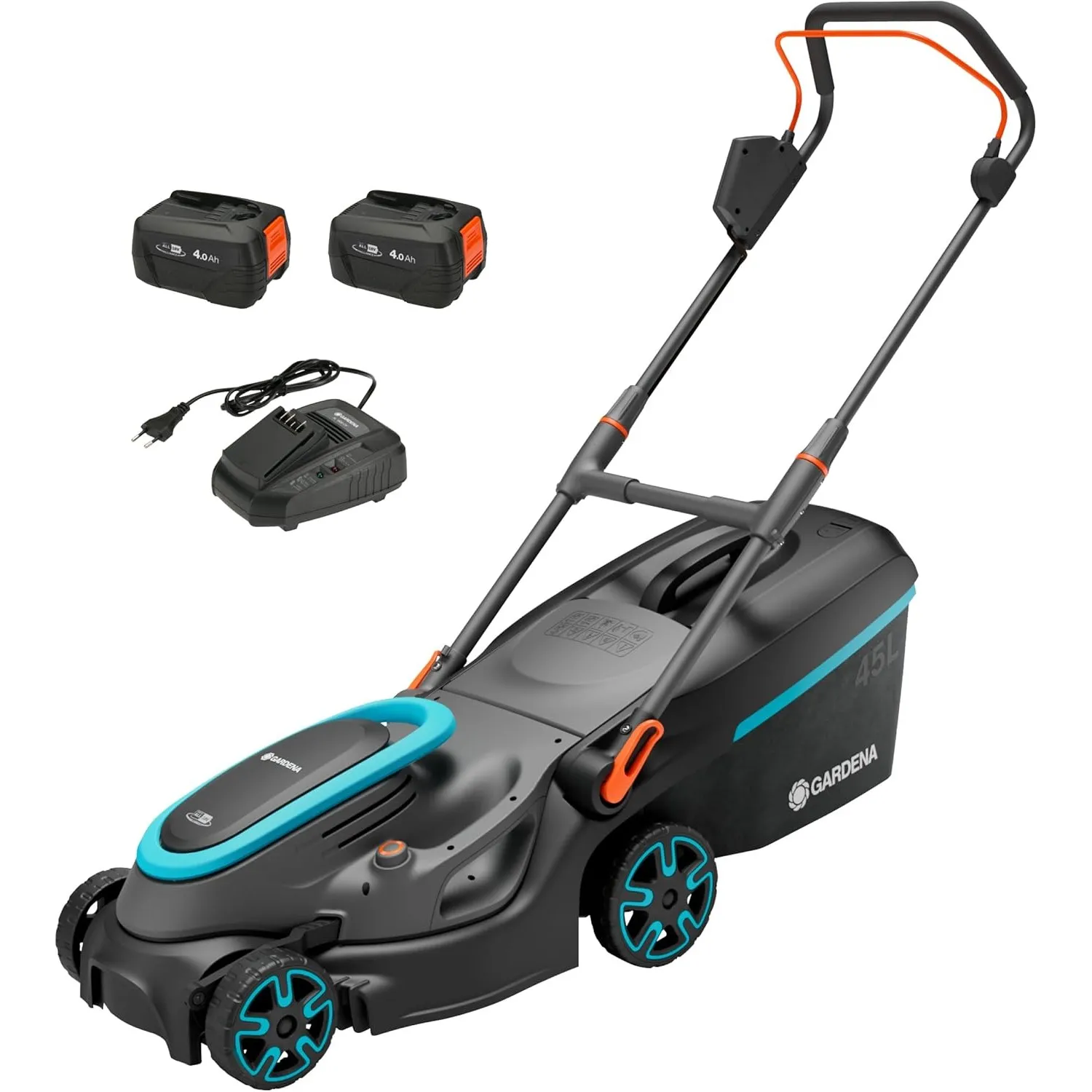 Gardena Akku-Rasenmäher PowerMax 37/36V P4A Ready-to-Use Set: 37 cm Schnittbreite, 45 l Fangkorb, Ergonomisch, Höhenver…