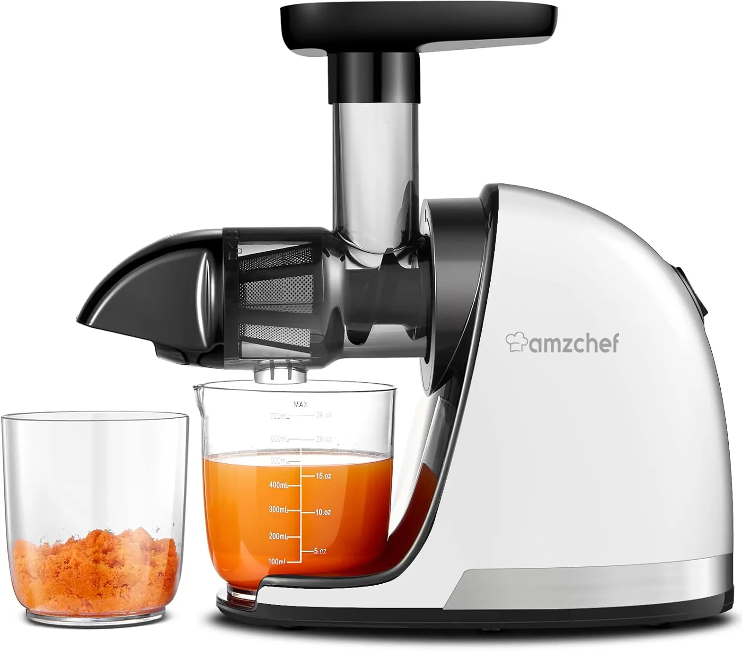 AMZCHEF Entsafter Gemüse und Obst Testsieger - Entsafter Slow Juicer mit Rückwärts-Kau-Funktion - Zartes Zerkleinern ohne Filtern - Saftpresse Elektrisch mit Bürste und 2 Tassen - Rein-weiß