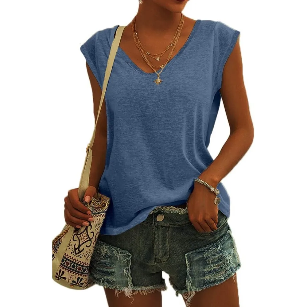GeGekoko Damen T-Shirt Kurzarm V-Ausschnitt Flügelärmeln Oberteile Blusen Sommer Casual Lose Tank Top Basic Mädchen Tops