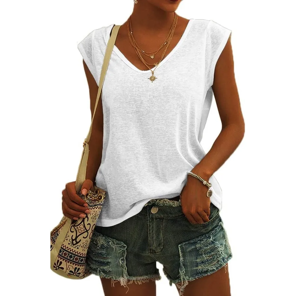 GeGekoko Damen T-Shirt Kurzarm V-Ausschnitt Flügelärmeln Oberteile Blusen Sommer Casual Lose Tank Top Basic Mädchen Tops