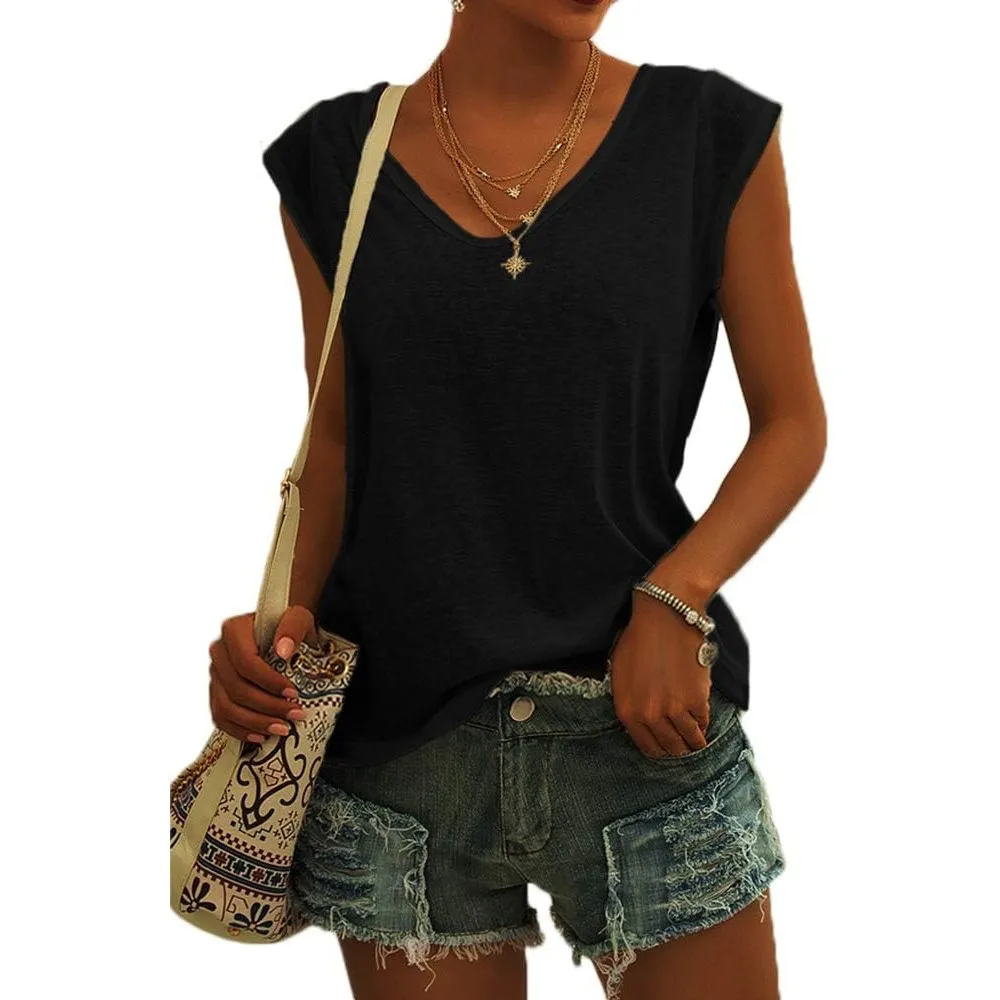 GeGekoko Damen T Shirt V-Ausschnitt Sommer Basic Top | Flügelärmeln,Loose Fit,Oversize,Oberteile,Locker,Tank Top,Casual…