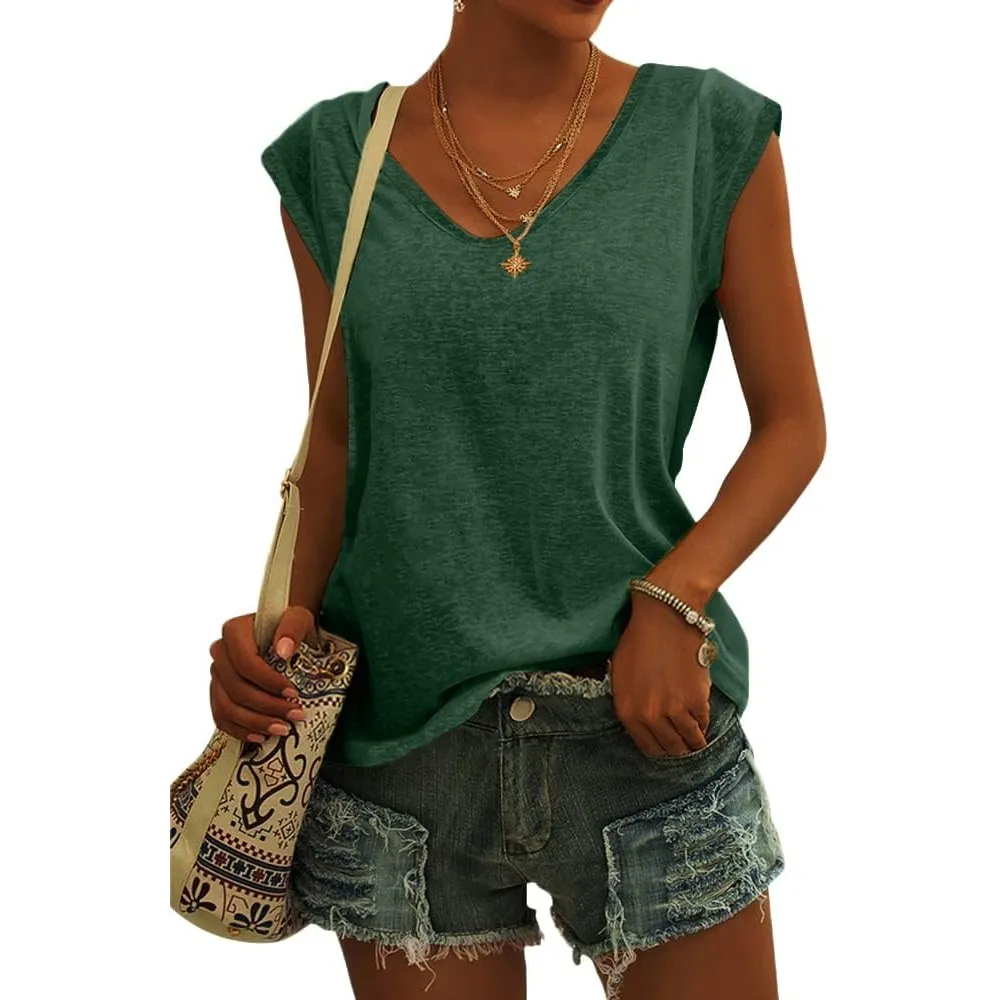 GeGekoko Damen T-Shirt Kurzarm V-Ausschnitt Flügelärmeln Oberteile Blusen Sommer Casual Lose Tank Top Basic Mädchen Tops