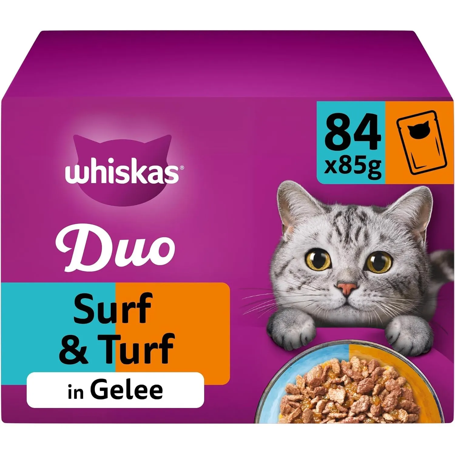 Whiskas Adult 1+ Katzennassfutter Tasty Duo Surf & Turf in Gelee, 84 Portionsbeutel, 84x85g (1 Großpackung) – Hochwerti…