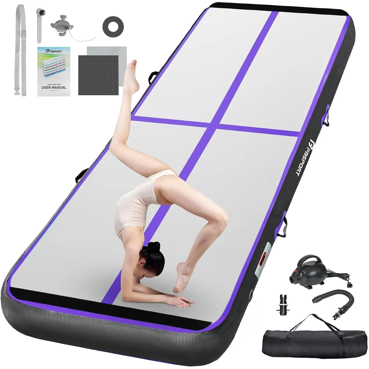 FBSPORT Airtrack Matte,10/20cm Hoch Verdicken 2/3/4/5/6 M Tumbling Matte,Gymnastikmatte mit Luftpumpe,Trainingsmatte mi…