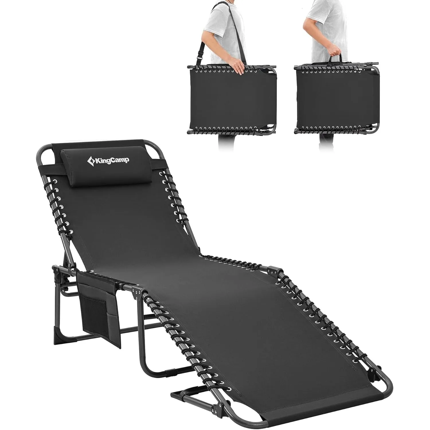 KingCamp Sonnenliege Klappbar 5-Position-Verstellbare, bis 180 kg, Schwarz | Gartenliege Klappbar, mit Kopfstütze & Sei…