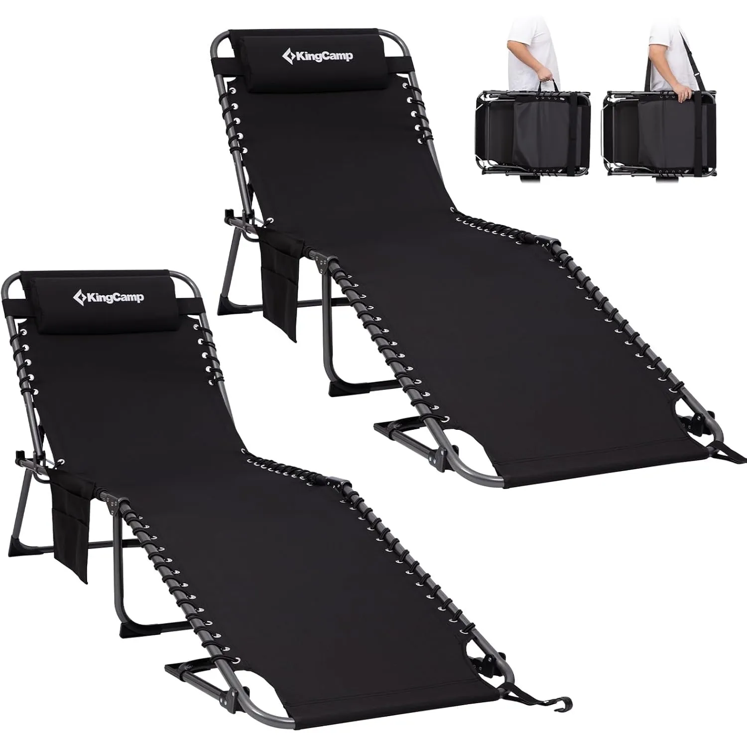 KingCamp Sonnenliege Klappbar 5-Verstellbare, bis 180 kg, 2er Set, Schwarz