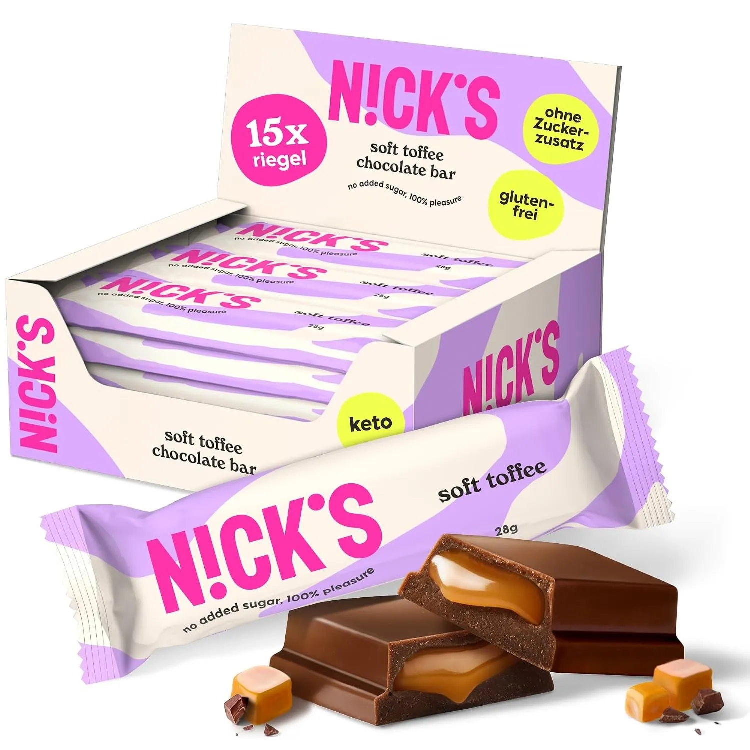 N!CK'S Keto Riegel Soft Toffee, Schokolade Karamel Sauce, 15x28g