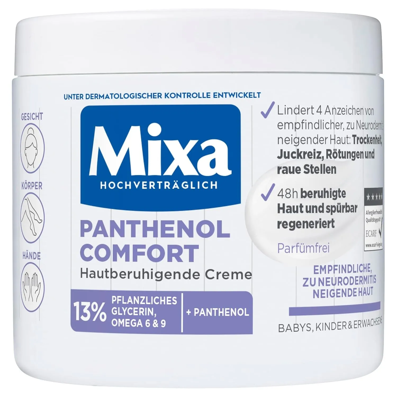 Mixa Panthenol Comfort hautberuhigende Creme, empfindliche & zu Neurodermitis neigende Haut, 13% Panthenol, Glycerin, O…
