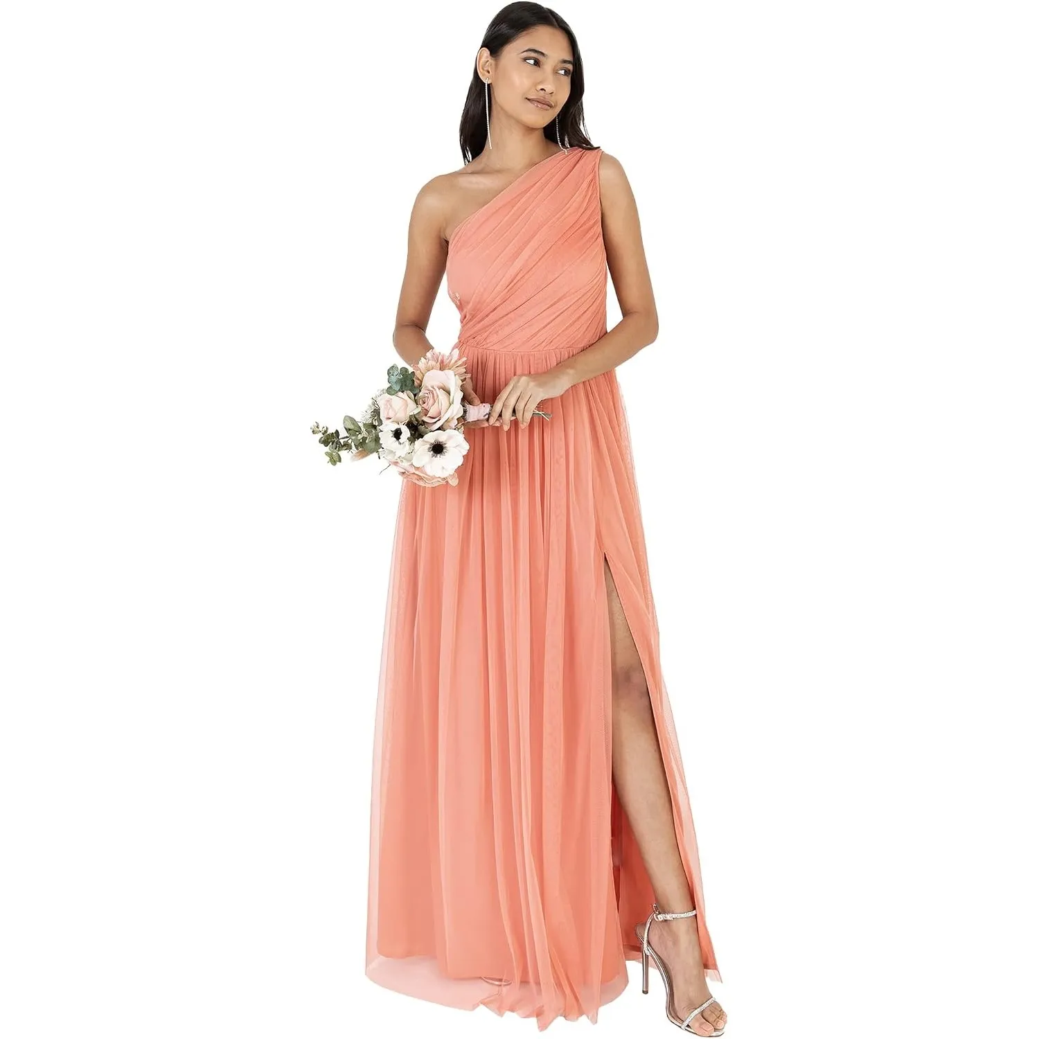 Womens Ladies Maxi One Cold Shoulder Dress with Slit Split Sleeveless Prom Wedding Guest Bridesmaid Ball Evening Gown