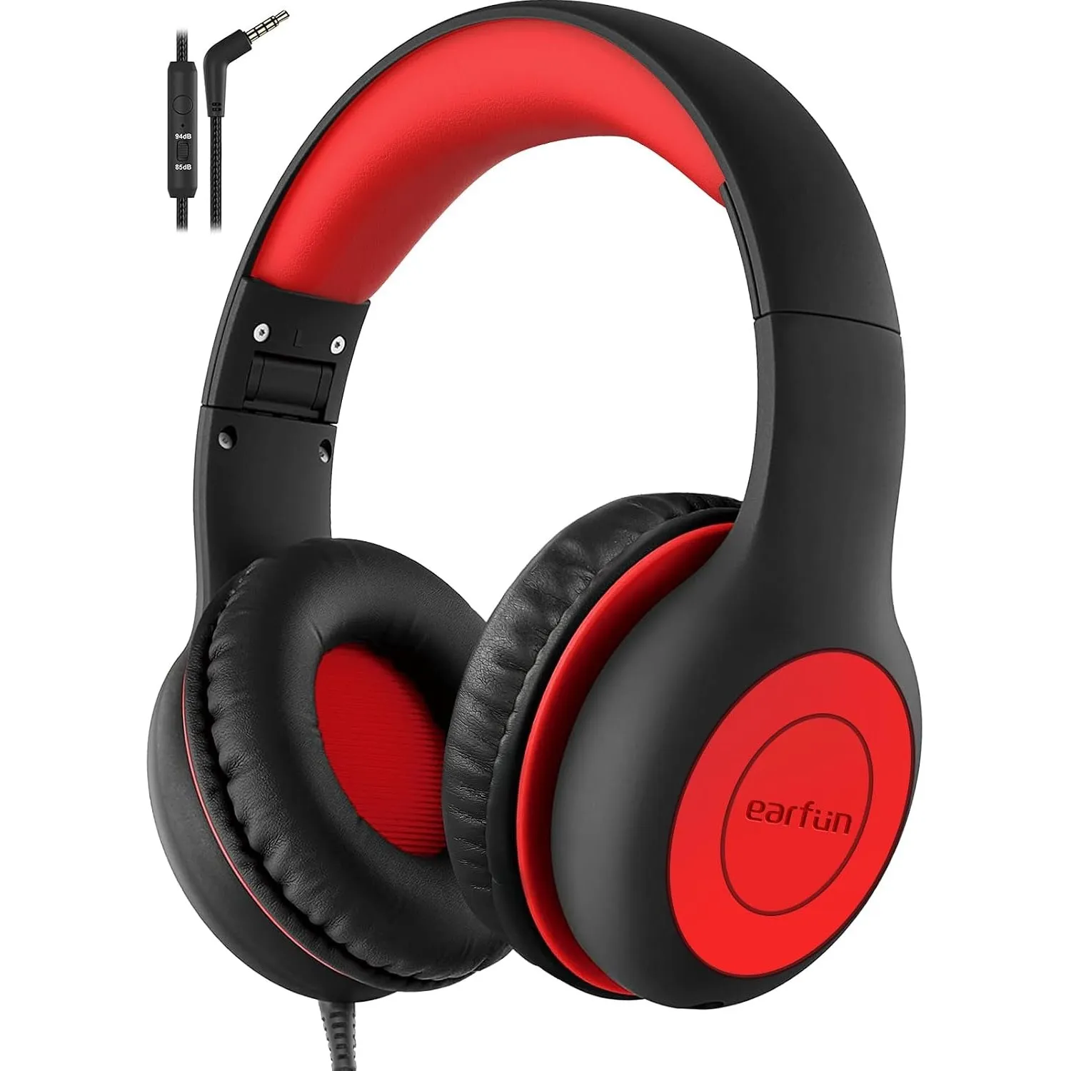 EarFun Kinder Kopfhörer mit 3,5 mm Kabel, Lautstärkebegrenzung, Schwarz-rot