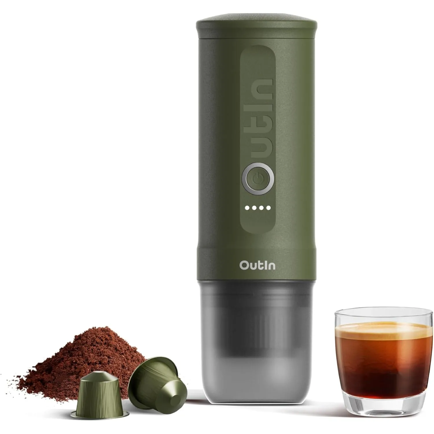 OutIn Nano Tragbare Elektrische Espressomaschine mit USB-C, Forest Green | USB-C-Selbsterhitzung, für Kaffeepulver und …