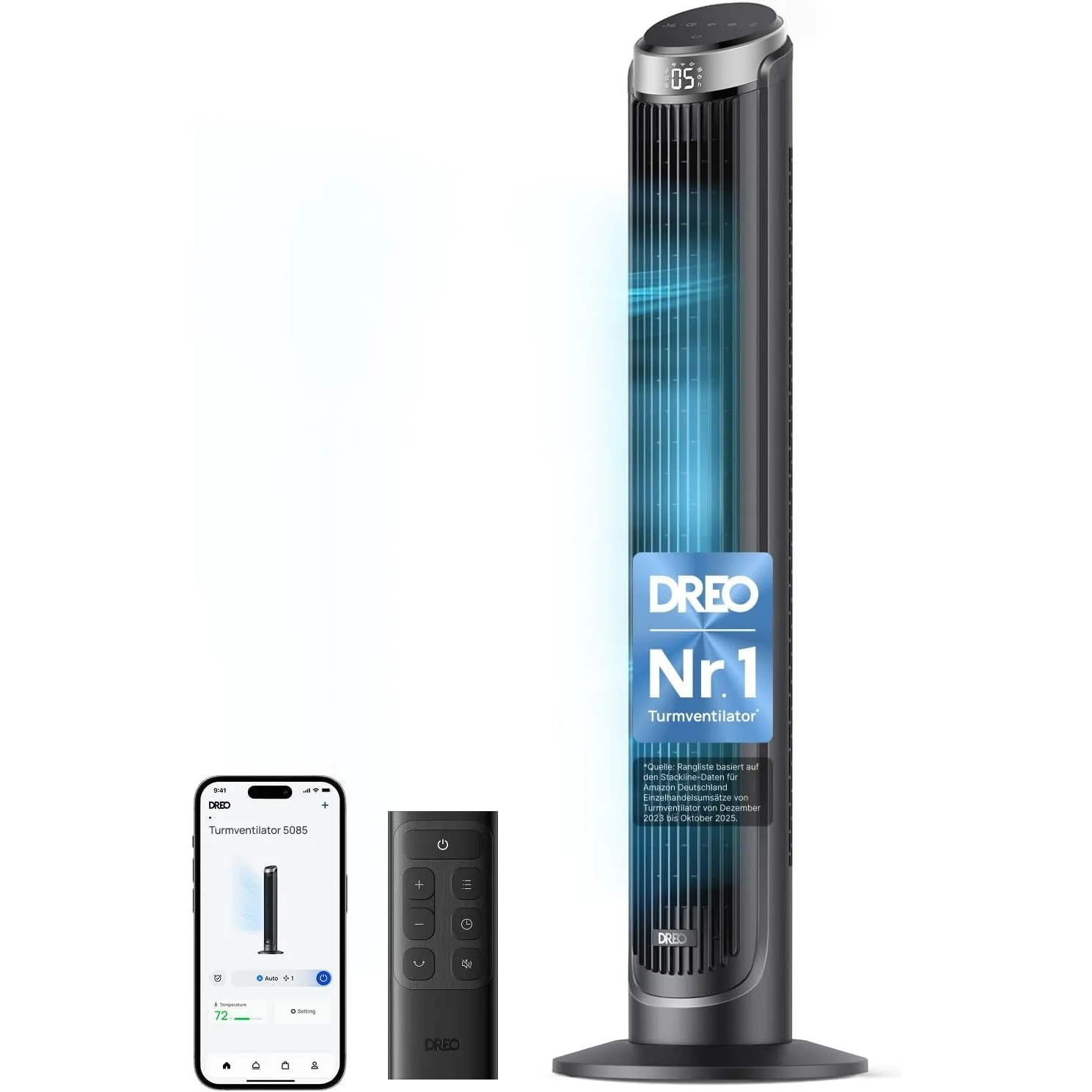 DREO Smart Turmventilator Sehr Leise, 90° Oszillierend Standventilator für Schlafzimmer, 7.9 m/s Windstärke, 5 Stufen, …